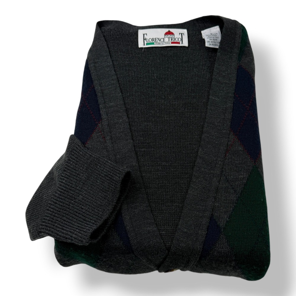 Florence Tricot Mens Argyle‎ Cardigan Sweater Gray Wool Blend Made in Italy L